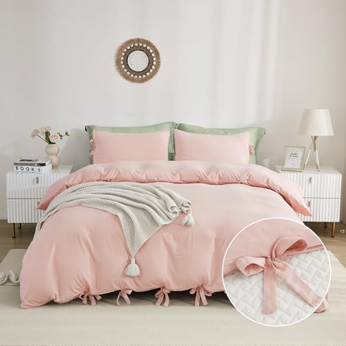 annadaif Pink Duvet Cover Full (79x90 Inch), 3 Pieces (2 Pillowcases, 1 Duvet Cover) Ultra Soft Bowknot Duvet Cover Set, Easy Care Bedding Set for Men, Women (NO Comforter) annadaif