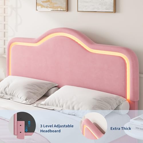 GarveeHome Full Size LED Bed Frame with Adjustable Headboard & Footboard, Velvet Upholstered Princess Platform Bedframe for Kids/Girls, Wooden Slats Support, No Box Spring Needed, Easy Assembly GarveeHome