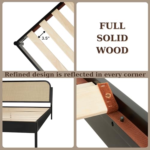 Aurelia Queen Size Bed Frame - Stylish Black Bohemian & Mid Century Modern Design with Solid Wood Support Bme