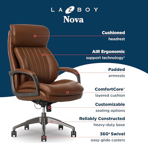 La-Z-Boy Nova Executive Office Chair, Patented AIR Ergonomic Support Technology, High-Back Premium Comfort & Support, Cognac Brown Vegan PU Leather La-Z-Boy
