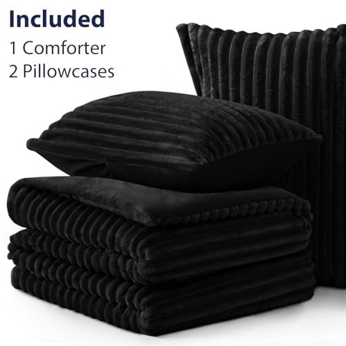 EXQ Home Fluffy Comforter Set Queen Size - Super Soft Faux Fur Stripe Jacquard Comforter 3 Pieces, Black Fleece Bedding Set,Winter Warm Bed Set,1 Comforter with 2 Pillowcases EXQ Home