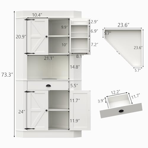 Corner Cabinet with Charging Station,73"Tall Kitchen Pantry Storage Cabinet with Drawer,Freestanding Kitchen Pantry Cabinets with Doors and Shelves,Farmhouse Food Hutch for Dining Room,Kitchens(White) Gyfimoie