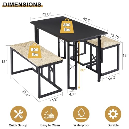 VECELO 43.3" Kitchen & Dining Table Set for 4, Rustic Farmhouse Style with 2 Benches and Wicker Cushions, Compact Metal Frame with Adjustable Foot Pads, Black VECELO
