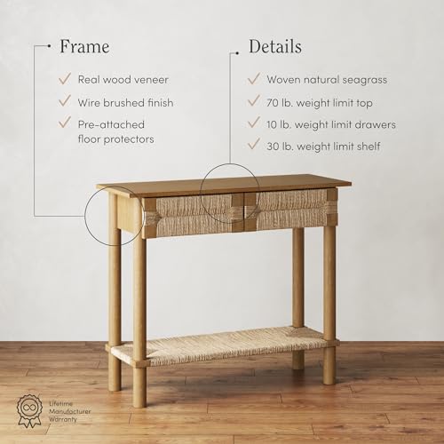 Nathan James Beacon Wooden Sofa Console Table with Drawers, Bohemian Entryway Table, Hallway Table with Seagrass Shelf, Light Brown Nathan James