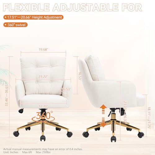 BALIAA Flannel Office Chair, Comfy Home Office Desk Chairs with Lumbar Support, Modern Velvet Desk Chair Gold Legs Small Swivel Task Chair for Home Office, Bedroom, Study (Beige, L) BALIAA