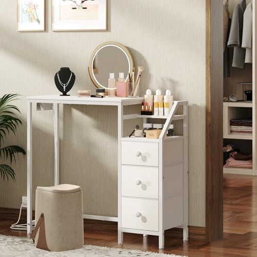 YATINEY Small Vanity Desk Without Mirror, Makeup Vanity Table with Power Outlet, White Vanity with Fabric Drawers, Dressing Table, for Small Spaces, Bedroom, White YATINEY