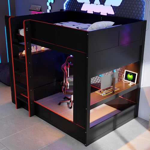MaiDeHaoo Full Size Gaming Bunk Bed with Desk and Storage Shelves, LED Bunk Bed with Charging Station for Teens Adults, Black MaiDeHaoo