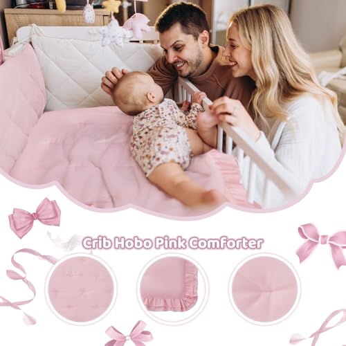 Wowelife Girl Crib Bedding Set, 3-Piece Crib Comforter Set for Girls, Boho Ruffle Pink Nursery Bedding Set Include Crib Comforter, Crib Fitted Sheet and Crib Skirt, Pink Wowelife