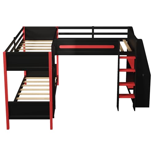 Gaming Triple Bunk Bed with Desk & LED Light & Storage Shelves,Wooden Twin Size L-Shaped Bunk Bed Frame with 3 Beds,Safety Guardrails & Ladders for Gamers Teens Adults,Wood Slat Support,Black Red FUvellamo