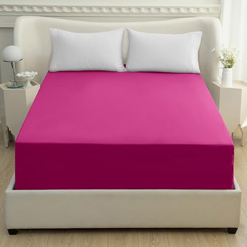 Mocassi Luxury 1800 Premium Hotel Quality Single Fitted Sheet - Ultra Soft, Wrinkle Resistant Microfiber 18-24 Inch Extra Deep Pocket with Storage Pockets Fitted Sheet, Queen, Hot Pink Mocassi