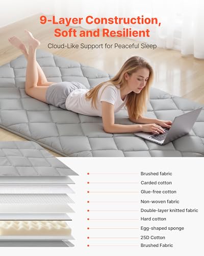 VEVOR 9-Layer Japanese Futon Mattress, 3.5" Thick Twin Tatami Mat, Foldable Roll Up Mattress for Sleeping with Storage Bag, Portable Floor Mattress for Camping Dormitory Yoga, Gray VEVOR