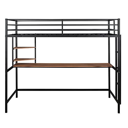 Bellemave Twin Size Loft Bed with Desk and 2 Shelves, Metal loft bedframe with Storage Shelves, Black Bellemave