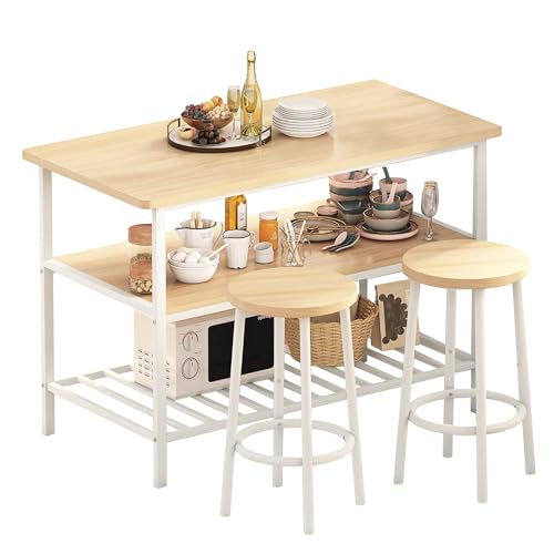 AWQM 3-Piece Beige Bar Table Set with Storage & Stools for Small Spaces AWQM