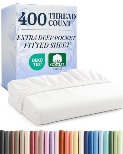 Extra Deep Queen 400 Thread Count Cotton Fitted Sheet - Hotel Luxury Single Fitted Sheet Only - Easily Fits 18" to 24" Mattress - Soft, Wrinkle Free, Breathable and Comfy - Extra Deep Pockets - White CGK Unlimited