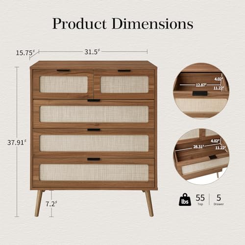 mixtavie Rattan Dresser with 5 Drawers, 5 Drawers Dresser for Bedroom, Dressers & 5 Chests of Drawers with Metal Handles, Modern Storage Organizer Dresser for Hallway (Walnut, Set of 1) mixtavie