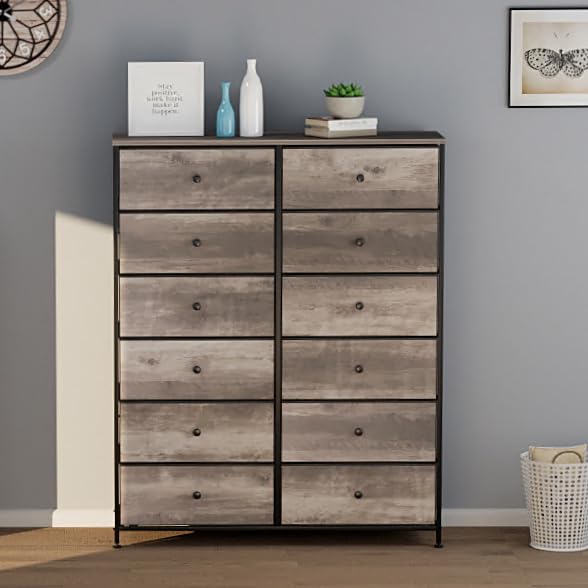 Arlopu 12-Drawer Dresser, 35.2’‘ Widened 6-Layer Fabric Storage Tower w/Textured Print Fabric Bins, Tall Chest Organizer Unit for Living Room, Hallway, Nursery, Closets, Adjustable Feetpad Arlopu