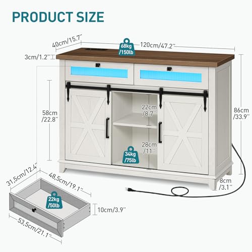 RALGEND Farmhouse Buffet Cabinet with LED Lights, 47" Coffee Bar Cabinet with Power Outlet, Kitchen Buffet Cabinet with 2 Drawers, Sideboard Cabinet, Sliding Barn Doors, White and Walnut 12CBUDWH RALGEND