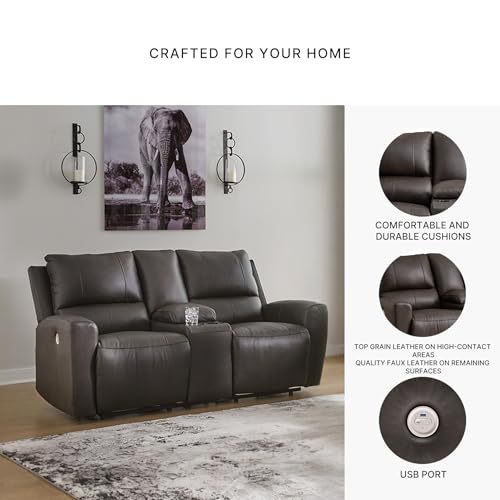 Signature Design by Ashley Boxmere Modern Leather Match Power Reclining Loveseat with Console and USB Ports, Dark Brown Signature Design by Ashley