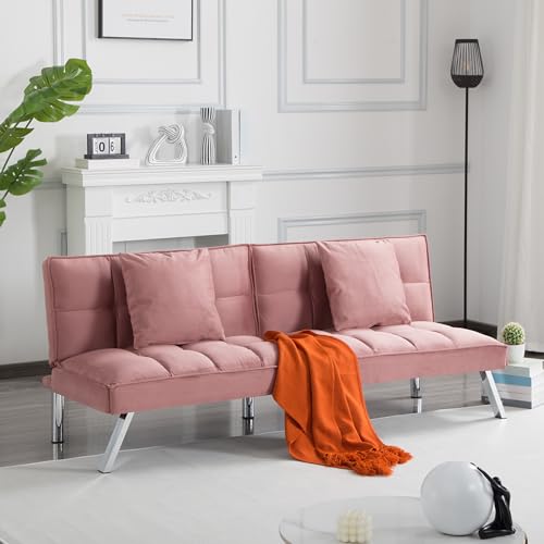 68" Modern Futon Sofa Bed,Convertible Sleeper Bed Couch with 4 Reclining Backrest with 2 Pillows,Comfy Velvet Cloud Sofa Loveseat for Living Room Bedroom Office (Rose Red) Jum Blueemo