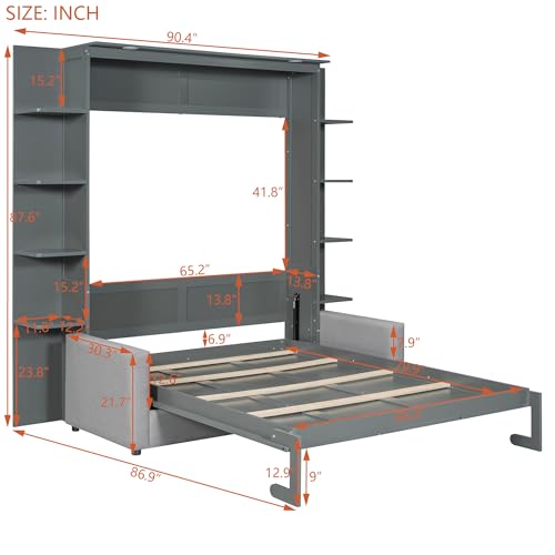 Merax Queen Size Murphy with Sofa and Shelves for Bedroom or Guestroom Wall Bed Space Saving Hidden Bed,No Need Fix to The Wall,Gray Merax