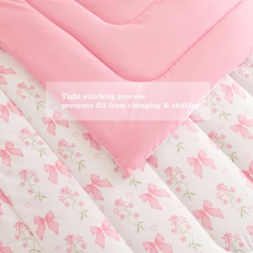 Jolusere Pink Bow Comforter Set Full Size Pink Floral Comforter for Girls Kids Romantic Princess Style Bowknot Bedding Set Ultra Soft Reversible Garden Flower Comforter Sets with 2 Pillowcases 3Pcs Jolusere