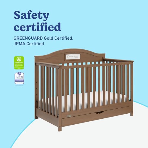 Graco Story 5-in-1 Convertible Crib with Drawer – GREENGUARD Gold Certified Wood Crib, Converts to Toddler Bed, Daybed, Full-Size Bed, Nursery Storage Drawer, Reversible Headboard (Hazelnut)