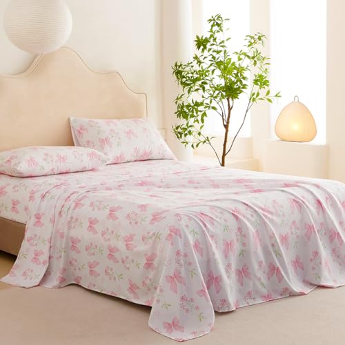 Jolusere Bow Sheet Set Full for Girls Kids Pink Floral Fitted Sheet Set Soft Microfiber Fitted Flat Sheets & Pillowcases - Princess Style Bowknot Bedding Sets Toddlers 4 Pieces Cute Sweet Bed Set Jolusere