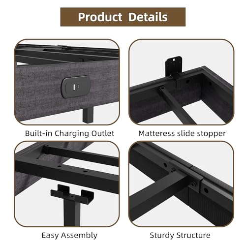 Muluflower Floating Bed Frame Queen Size with LED Lights and Charging Station, Grey Linen Metal Platform Bed Frame, Easy Assembly, No Box Spring Needed (Queen) Muluflower