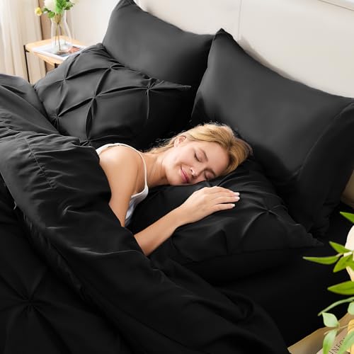 CozyLux Twin Comforter Set with Sheets Black, 5 Pieces Pintuck Bed in A Bag, Twin Bed Set Gift for Family, Pinch Pleat Bedding Set with Comforter, Sheets, Pillowcase & Sham CozyLux