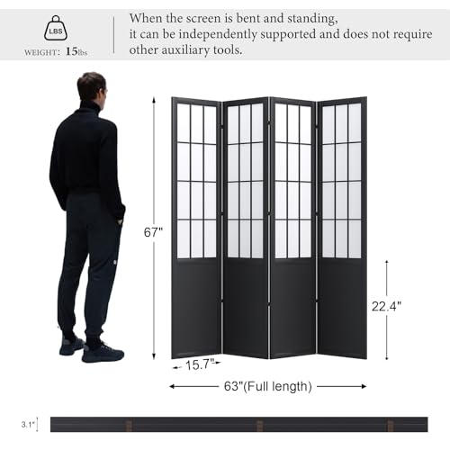 Room Divider, 66.9Inch Tall Japanese Shoji Style Folding Wood Screen with Double Hinges for Home Office Bedroom Hotel Decoration (4Panels, Black) Svimi