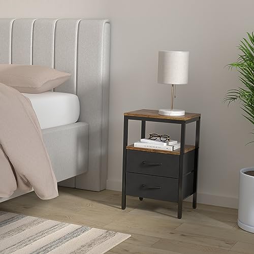 Huuger Nightstand with Charging Station, Side Table with Fabric Drawers, End Table with Open Shelf, Bedside Table with USB Ports and Outlets, Night Stand for Bedroom, Rustic Brown and Black Huuger