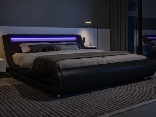 Allewie Queen Size LED Platform Bed Frame with Adjustable Headboard/No Box Spring Need/Easy Assembly/Faux Leather in Black Allewie