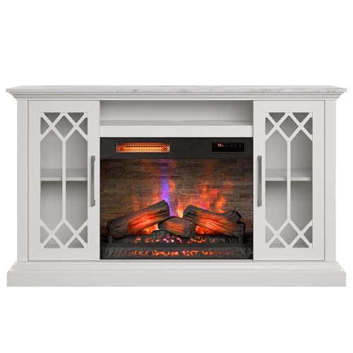 duraflame® Electric Fireplace Farmhouse Media Console for 65 Inch TVs with Glass Doors, Bright White Duraflame