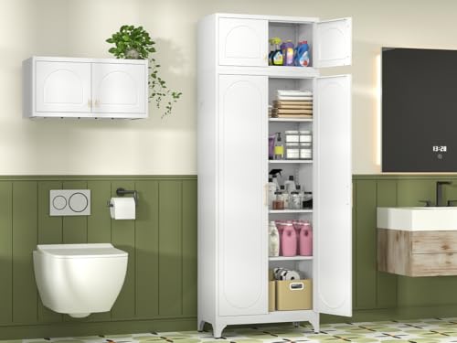 Polup Kitchen Pantry Cabinet, 90" Tall Metal Pantry Cabinet, Food Cupboards with Doors and Shelves, Freestanding Storage Cabinets for Dining, Living Room, 16"D x 32"W x 90"H, White, Assembly Required Polup