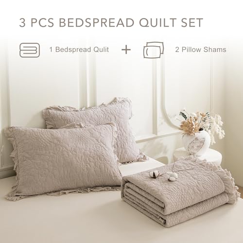 QSH 3PCs Linen Feel Oversized King Quilt Bedspread Set(120"x120"),Stonewashed Cotton Ruffled Quilt California King,Ultra Soft Lightweight Crinkle Shabby Bedspread Coverlet Bedding Set for All Seasons QSH