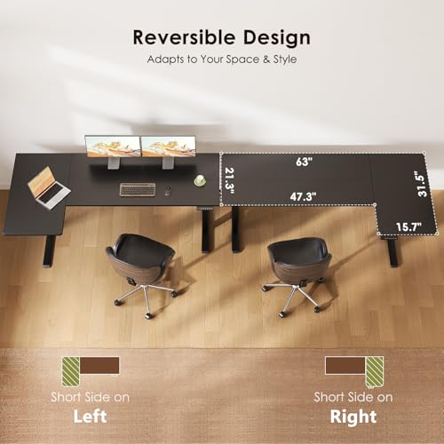 OffiGo Electric L Shaped Standing Desk, 63 Inches Height Adjustable Table, Reversiable Corner Stand Up Desk, Lifting Computer Table for Home Office, Computer Workstation, Carbon Fiber Black OffiGo