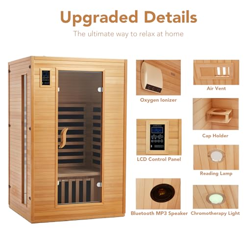 2024 Upgrade 2 Person Sauna, Low EMF 6 Heating Plate Infrared Physical Therapy Wooden Dry Steam Sauna with MP3 Auxiliary Connection, Dual Controls, Iron Shirt Wall Plate, Home Spa Day Use, Gift PioneerWorks