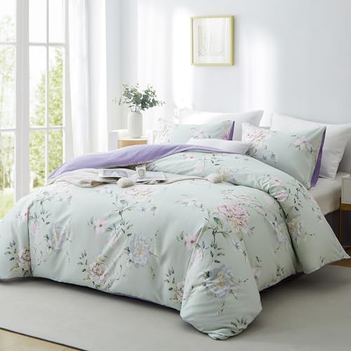 BOLINLIVING Floral Duvet Cover King Size 3 Pieces, Flower Duvet Cover with 2 Pillow Shams, Soft Floral Bedding Set Sage Green and Purple for All Season, Breathable, Zipper Closure… BOLINLIVING