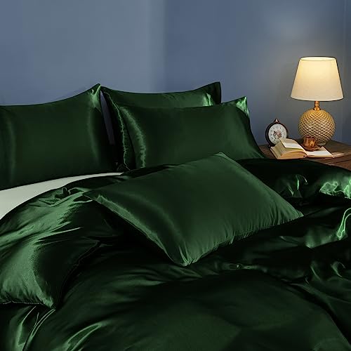 Horbaunal 5 Pieces Satin Duvet Cover Set Queen/Full Size Emerald Green Duvet Cover with Corner Ties & Zipper Closure, Luxury & Silky Bedding Set, 1 Duvet Cover and 4 Pillowcases (No Comforter) Horbaunal