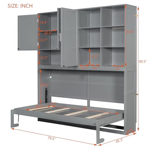 Merax Twin Size Wall Murphy Bed with Top Cabinet, Shelves,Space Saving Foldable Bed with Light & USB,Sleeping Arrangement for Multipurpose Area, Bedroom, Guest Room or Living Room,Gray Merax