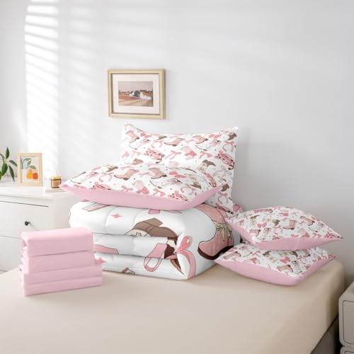 Pink Bow Comforter Set With Sheets Full Size,Kids Boys Girls Cute Bow Knot 7 Piece Bedding Set for Western Cowgirls Bed In A Bag,Dreamy Pink Sheet Set With Fitted Sheet,Pillowcases & Pillow Covers Erosebridal