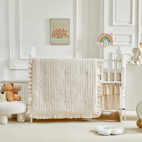 3 Pieces Tufted Stripes Crib Bedding Set with Ruffle Fringe, Beige Ruffled Comforter with Fitted Sheet and Bed Skirt , Soft and Embroidery Shabby Chic Boho Bohemian Jacquard Design for Baby Girls Boys Flysheep