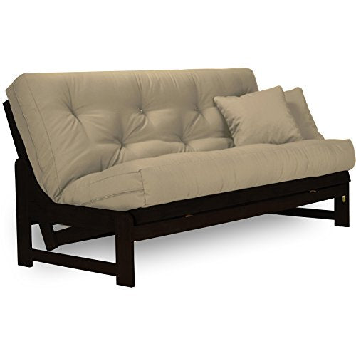 Nirvana Futons Arden Dark Espresso (Near Black) Futon Set Full or Queen Size - Armless Wood Futon Frame with Mattress Included (Twill Khaki), Space Saving Sofa Bed Sleeper Nirvana Futons