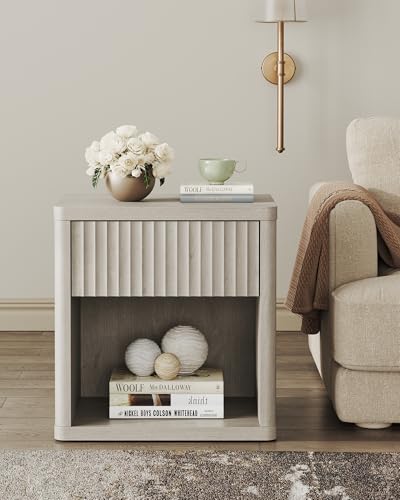 SICOTAS Night Stand Nightstand with Drawer Storage Fluted Bed Side Table End Table Large Modern Wide Bedside Stand Mid Century Night Stands for Bedroom Living Room Sofa Couch Home Office, White Alder SICOTAS