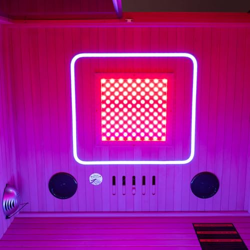 WOODBRIDGE Infrared Home Sauna Room 2 Person Hemlock Wooden Indoor Sauna,7 Carbon 1980W/120V Heaters,with Led Color Therapy Light,Bluetooth Speaker,Tempered Glass,Touch-Tone Keypad and A Top Vent WOODBRIDGE