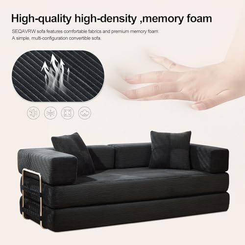 SEQAVRW 79" Boneless Sofa Bed, 5-in-1 No-Assembly Convertible Sleeper Couch with Fixed Frame Armrests, Modular Corduroy Futon, Compressed in a Box for Space Saving (Black, Includes 2 Pillows) SEQAVRW