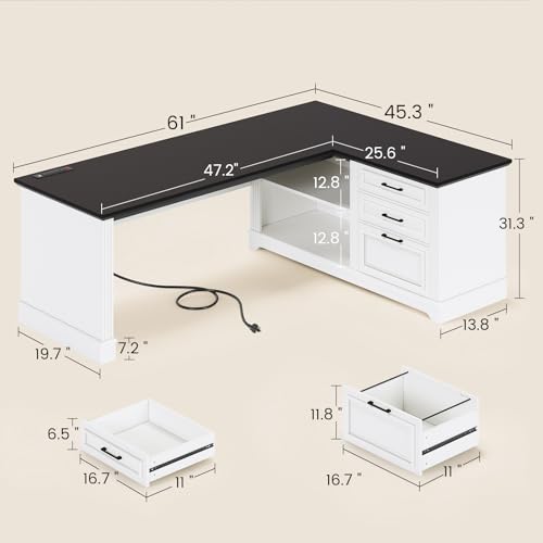 SEDETA Farmhouse 61" Executive L Shaped Desk, Home Office Desk with File Drawers, Computer Desk with Power Outlets and Storage Shelves for Home Office, White SEDETA