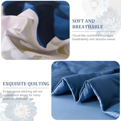 DJY Comforter Set Queen Size, 7 Piece Grey Blue Floral Comforter Set with Sheets Elegant Flower Print Bed in a Bag Soft Microfiber Complete Bedding Set for All Season DJY