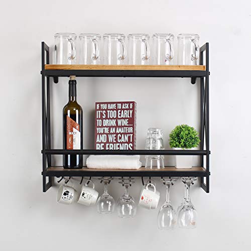 MBQQ Rustic Wall Mounted Wine Racks with 6 Stem Glass Holder,23.6in Industrial Metal Hanging Wine Rack,2-Tiers Wood Shelf Floating Shelves,Home Room Living Room Kitchen Decor Display Rack MBQQ