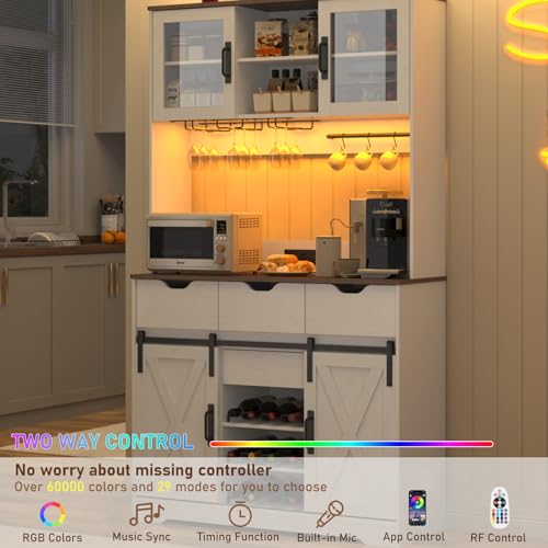 72" Farmhouse Bar Cabinet w/ 60000-color LED Lights,Outlet,Sliding Barn Door,Large Coffee Bar w/Hutch,Wine & Glasses Rack,4 Drawers,12 Shelves,Kitchen Buffet Sideboard for Kitchen,Dining Room chartustriable